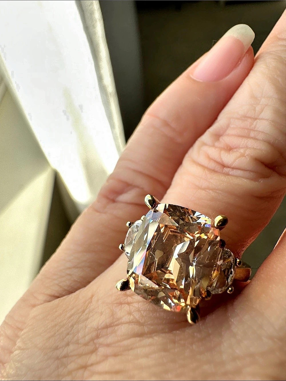Like New Gorgeous Cushion-Cut Three Stone w/ Large Cushion-Cut Champagne Center